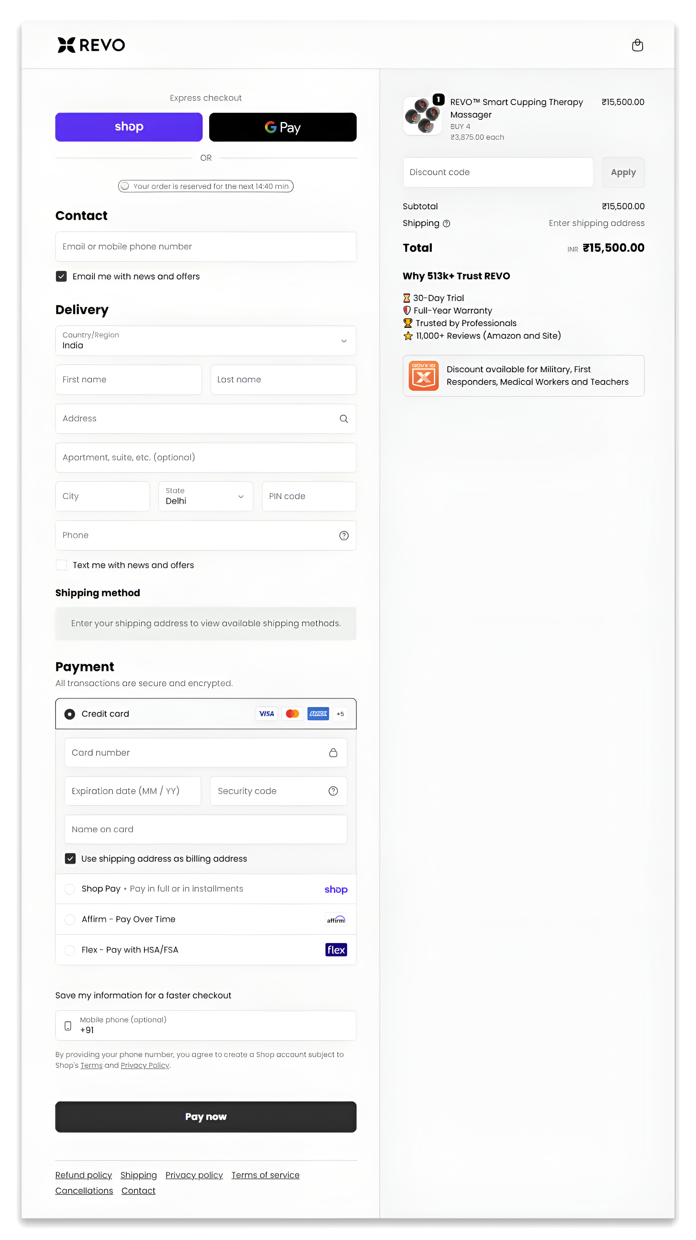REVO cupping massager checkout page